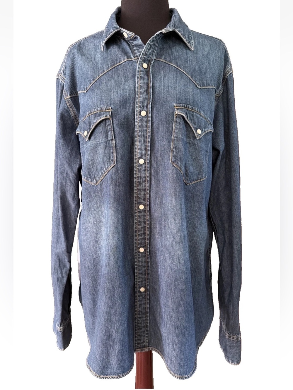 Polo Ralph Lauren Authentic Dungarees Pearl Snap Western Denim Shirt Size LG 90s